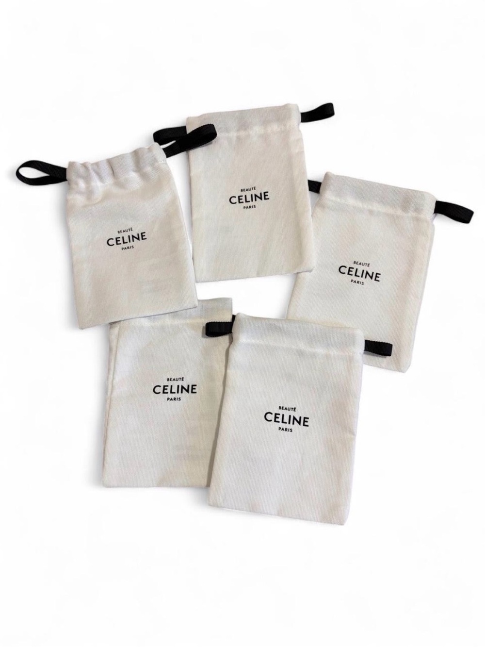 Celine Cream Drawstring Makeup Dust Bag Set of 5 with Black Tabs